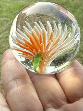 Vintage Chrysanthemum Flower Orange Glass Paperweight Decor 1.5”